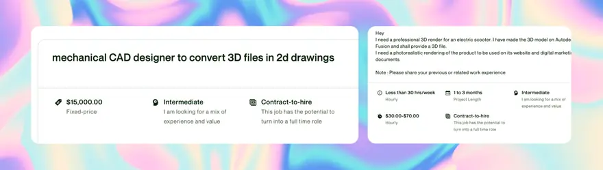 Дві англомовні вакансії з біржі фрилансу: моделювання CAD — $15 000,00 фіксована ціна; 3D-рендер — $30,00–$70,00 за годину
