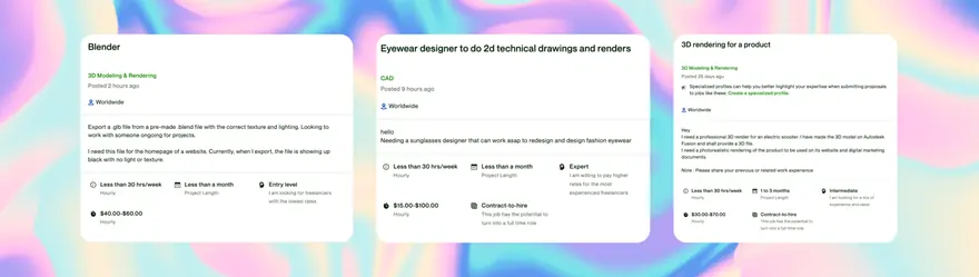 Три англомовні вакансії з біржі фрилансу: Blender $40,00–$60,00/год, CAD $15,00–$100,00/год, 3D-рендер $30,00–$70,00/год